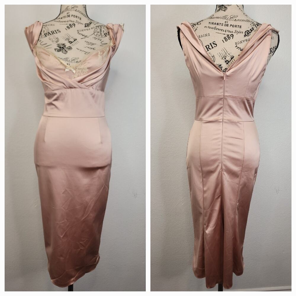 Diva Corsets Bodycon Midi Dress Sz Small Satin Blush Lace Trim Regencycore Fairy
